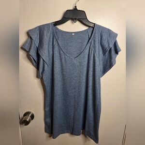 Blue Ruffle Sleeve Top With Scoop Neck